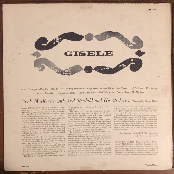 Gisele MacKenzie With Axel Stordahl Vinyl Lp '58 - Picture 3 of 7